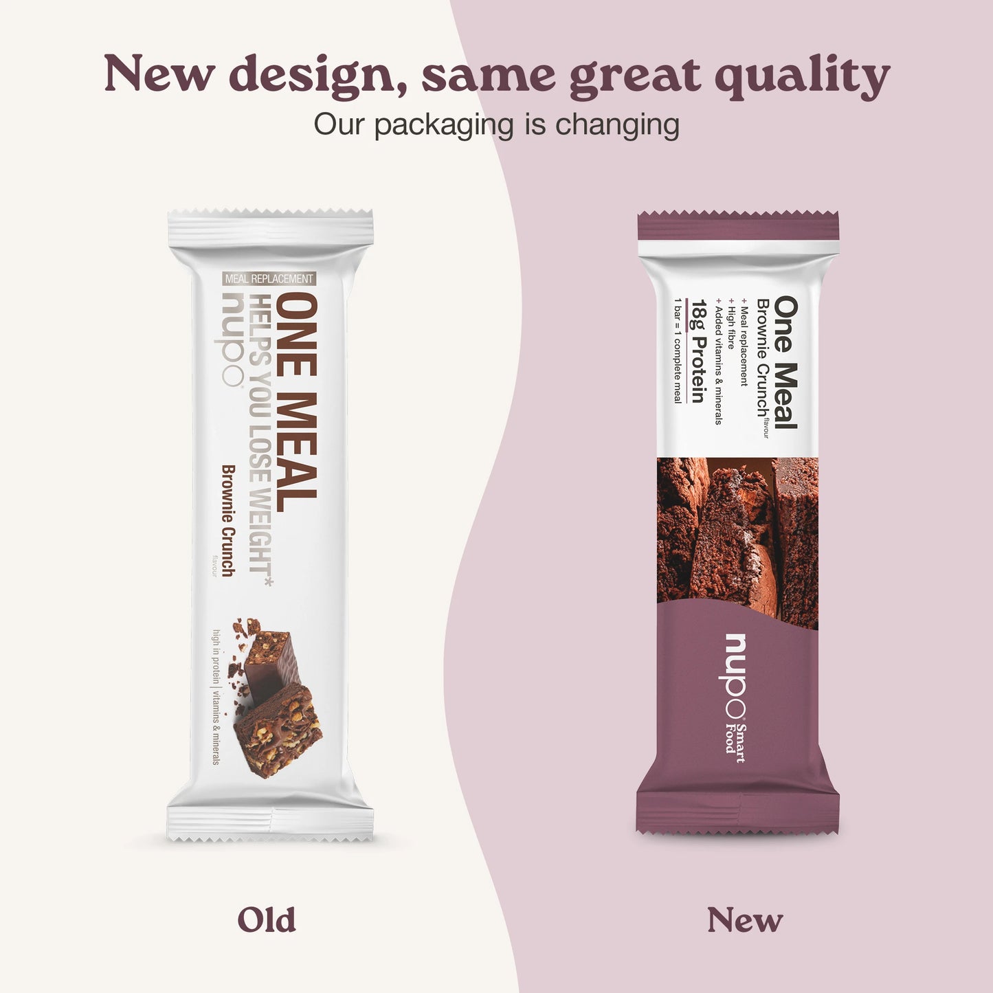 Nupo One Meal Bar Brownie Crunch infographic with new & old design