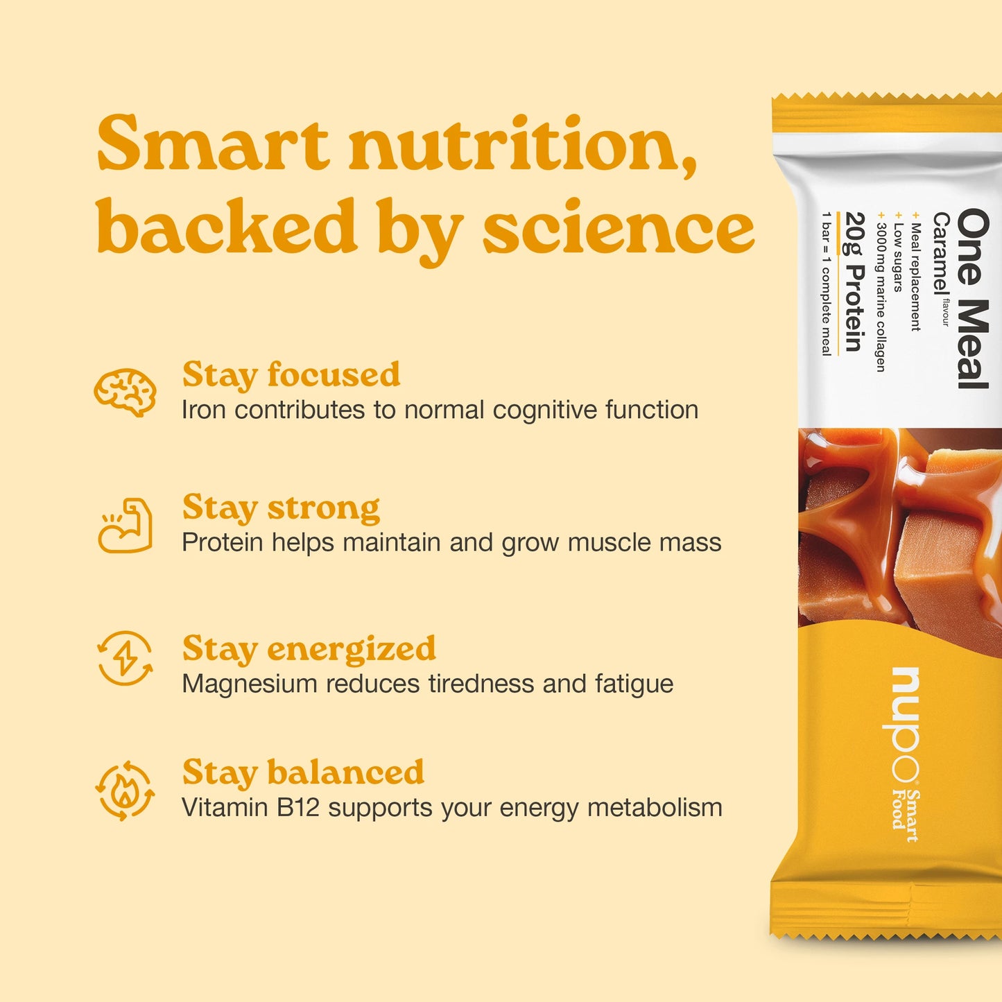 Nupo One Meal Bar Caramel benefits high protein fiber