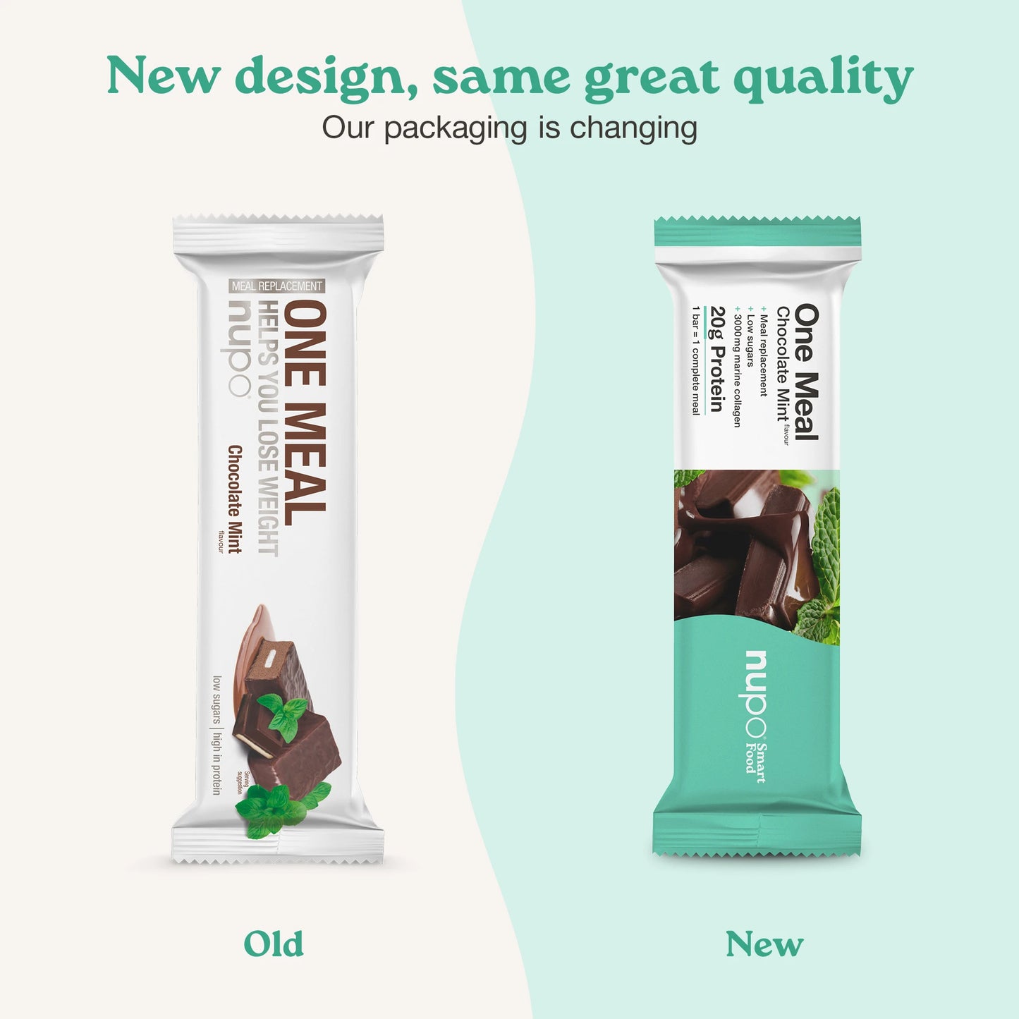 Nupo One Meal Bar Chocolate Mint infographic with new & old design