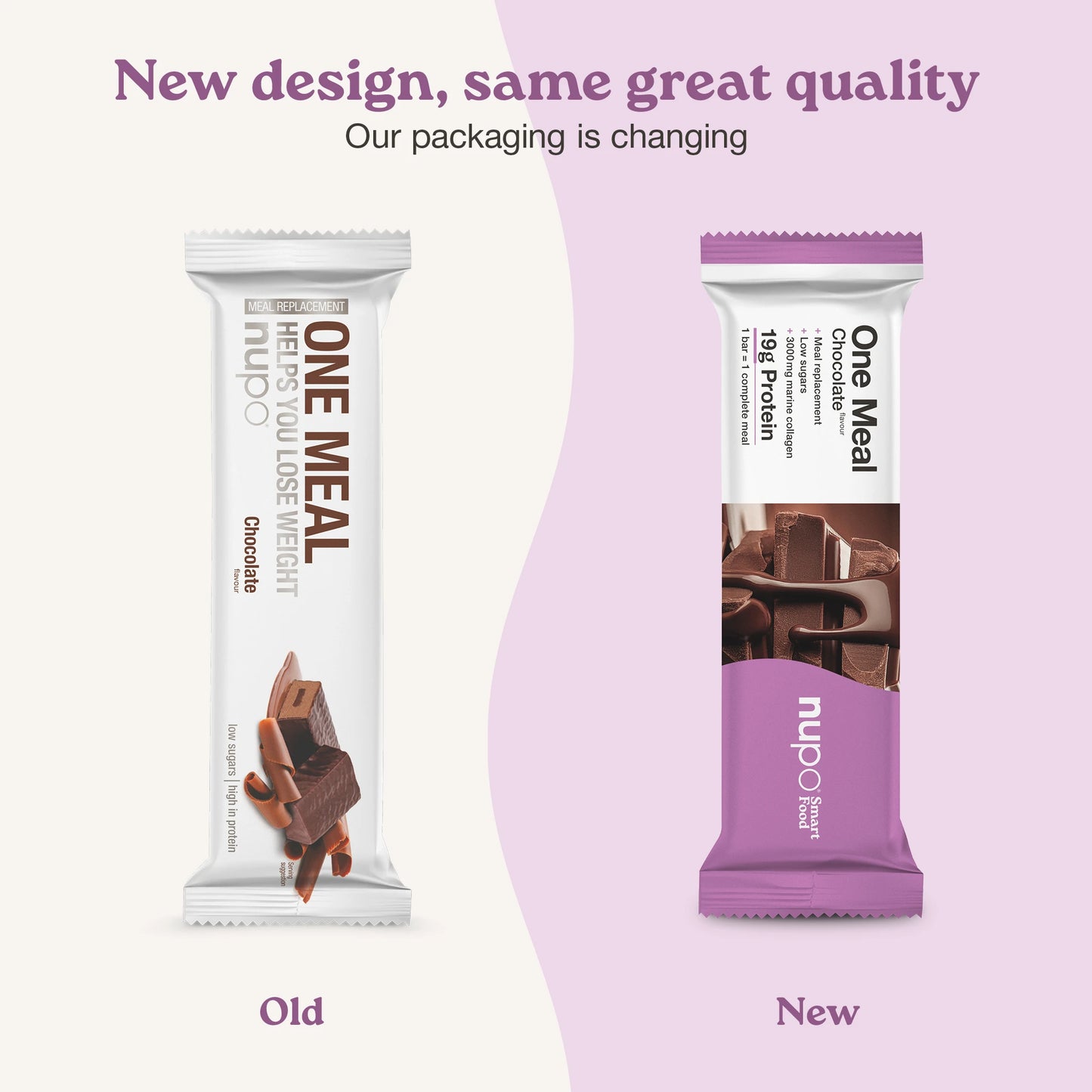 Nupo One Meal Bar Chocolate infographic with new & old design