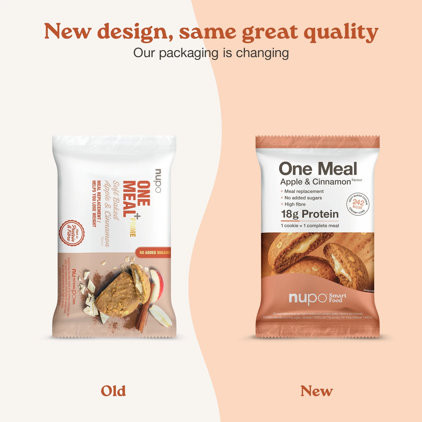 Nupo One Meal Bar Apple & Cinnamon infographic with protein fiber