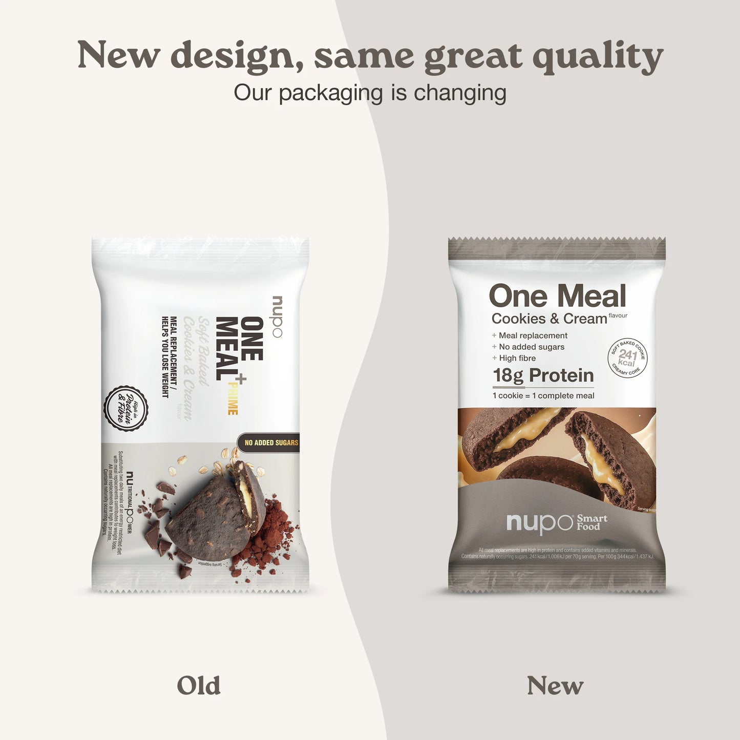 Nupo One Meal Bar Cookies & Cream infographic with new & old design