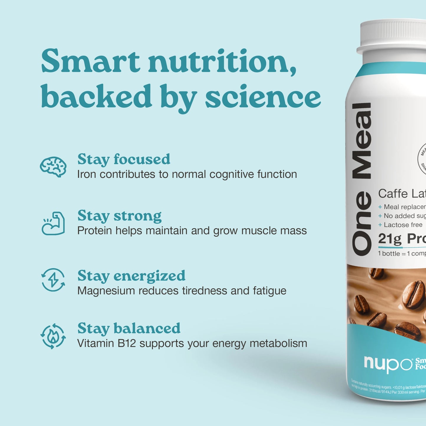 Nupo One Meal RTD Caffe Latte nutritional highlights on packaging