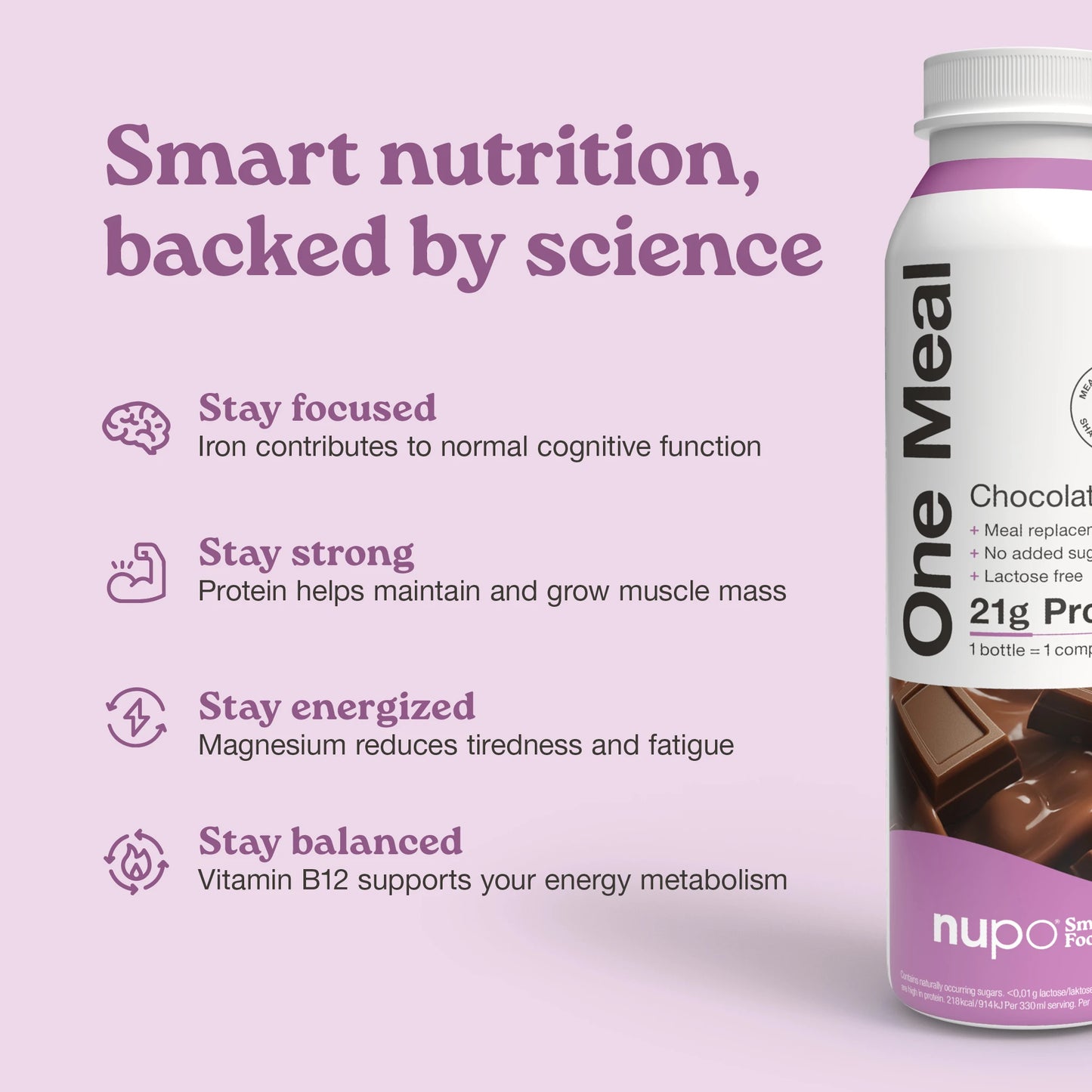 Nupo One Meal RTD Chocolate nutritional highlights on packaging