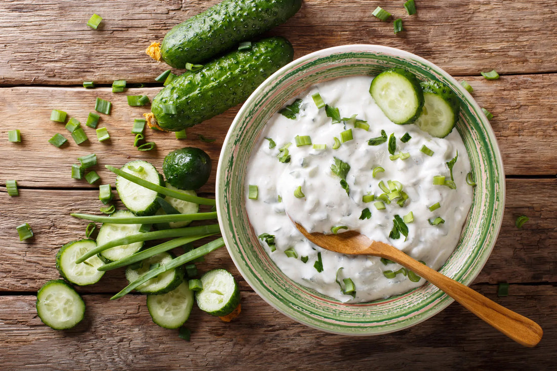 Bowl of Riata with fresh cucumber and herbs