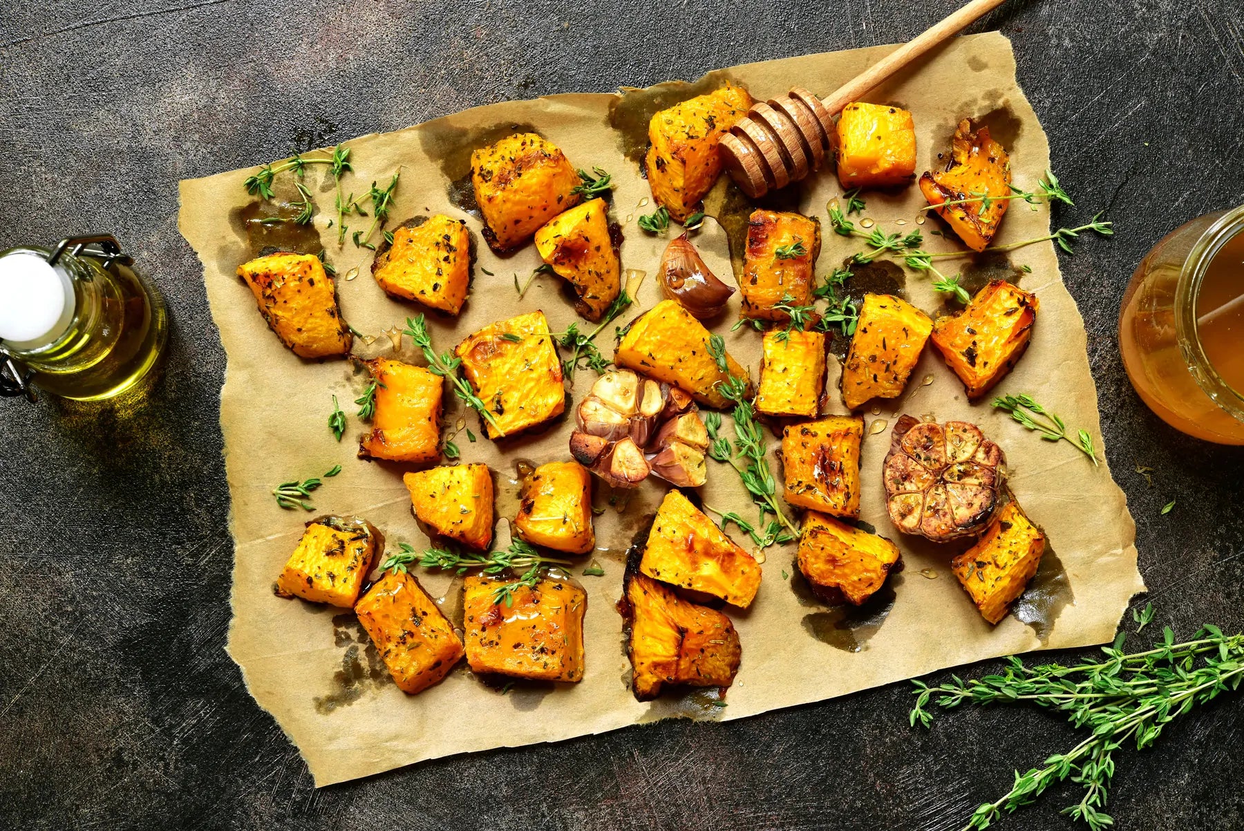 A baking sheet with pieces of pumpkin and fresh herbs