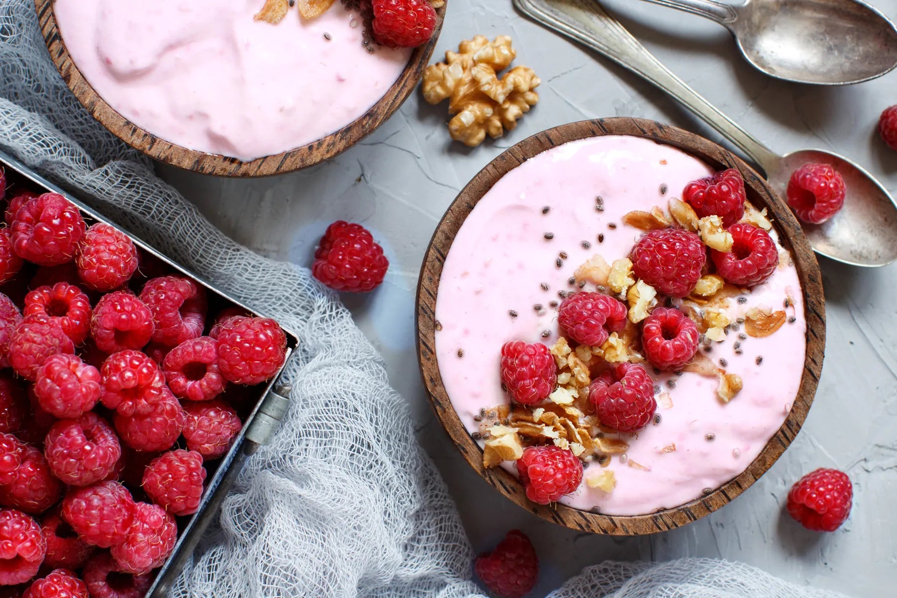 Bowl with Raspberry yoghurt and fresh fruit
