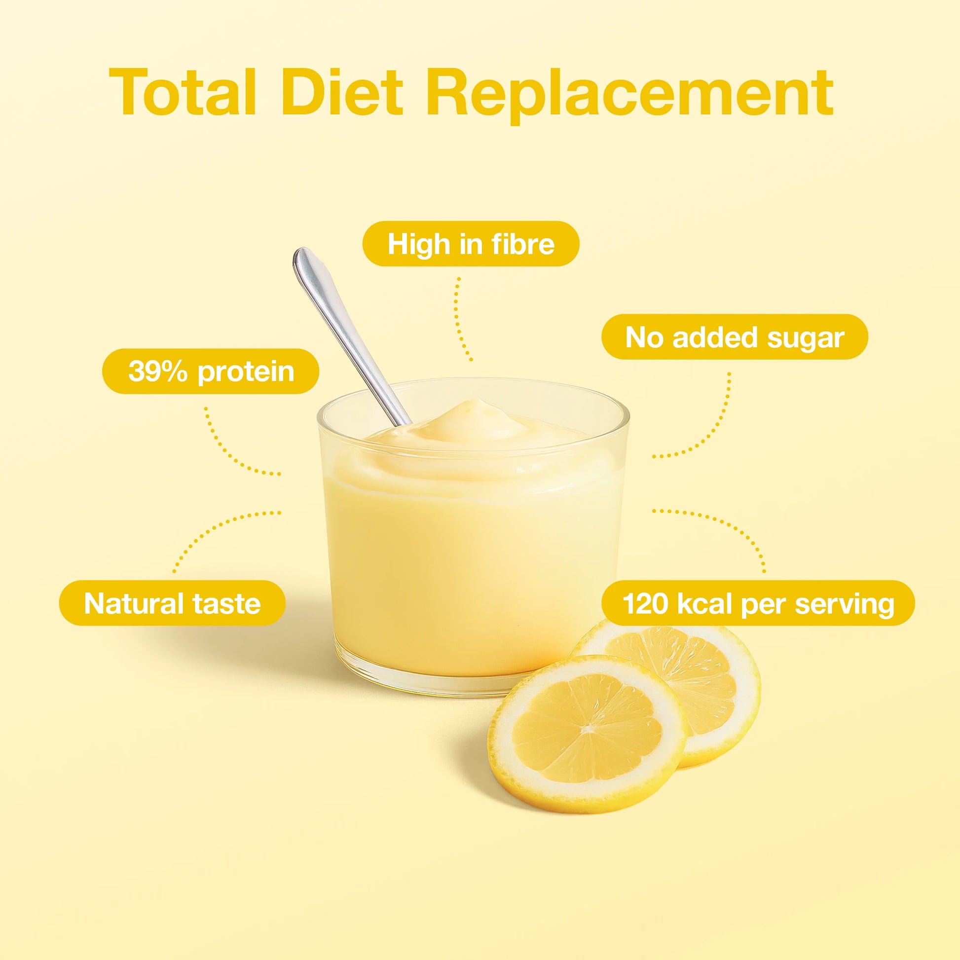Lemon Pudding in a glass, showcasing its creamy texture and benefits like high fibre and low calories.