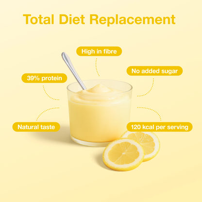 Lemon Pudding in a glass, showcasing its creamy texture and benefits like high fibre and low calories.