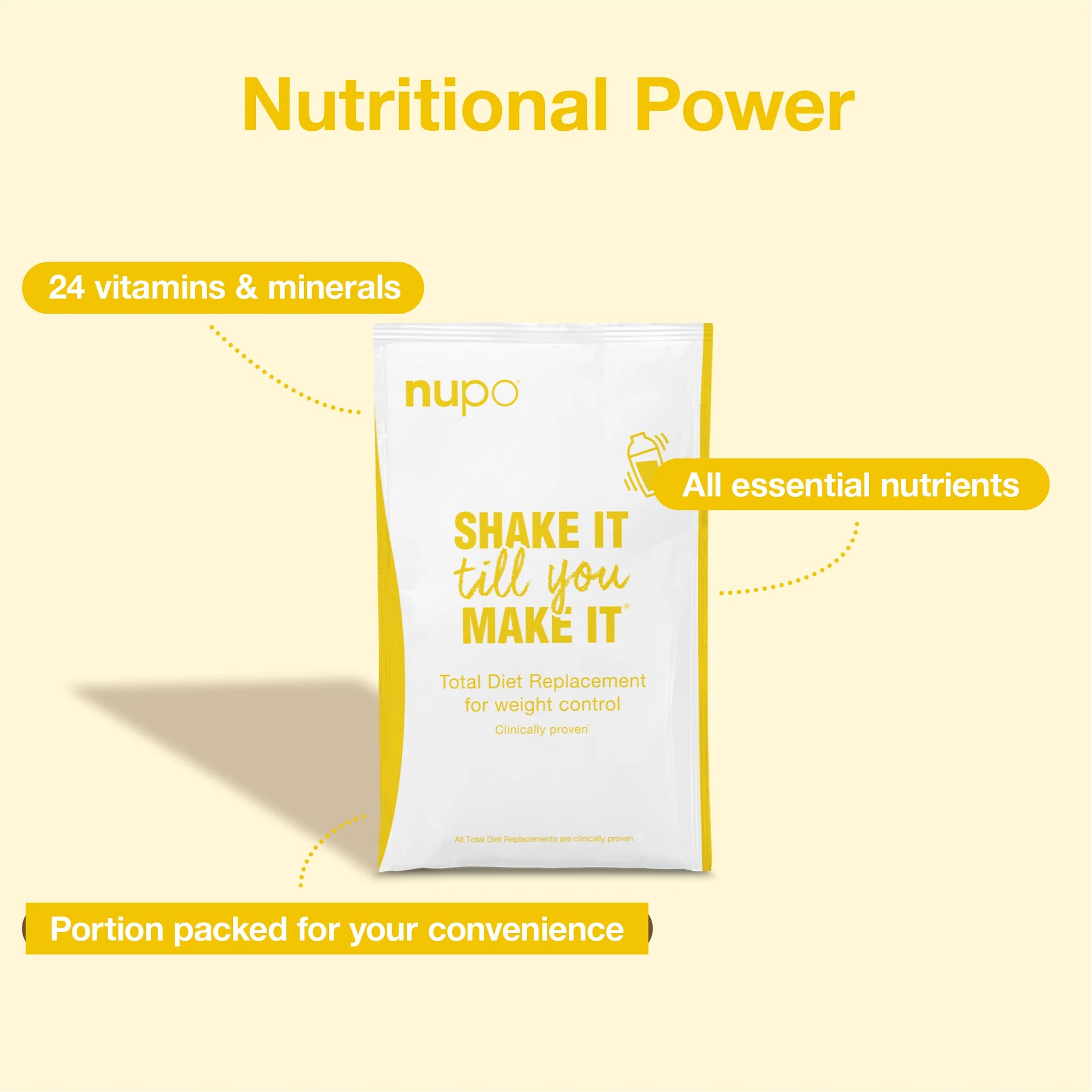 Nupo Total Diet Replacement packaging highlighting nutritional power with 24 vitamins and minerals.
