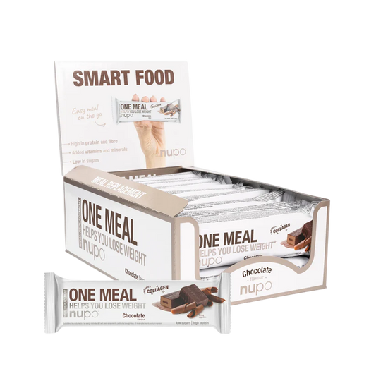 Box of Nupo One Meal bars with a single bar displayed in front on a white background