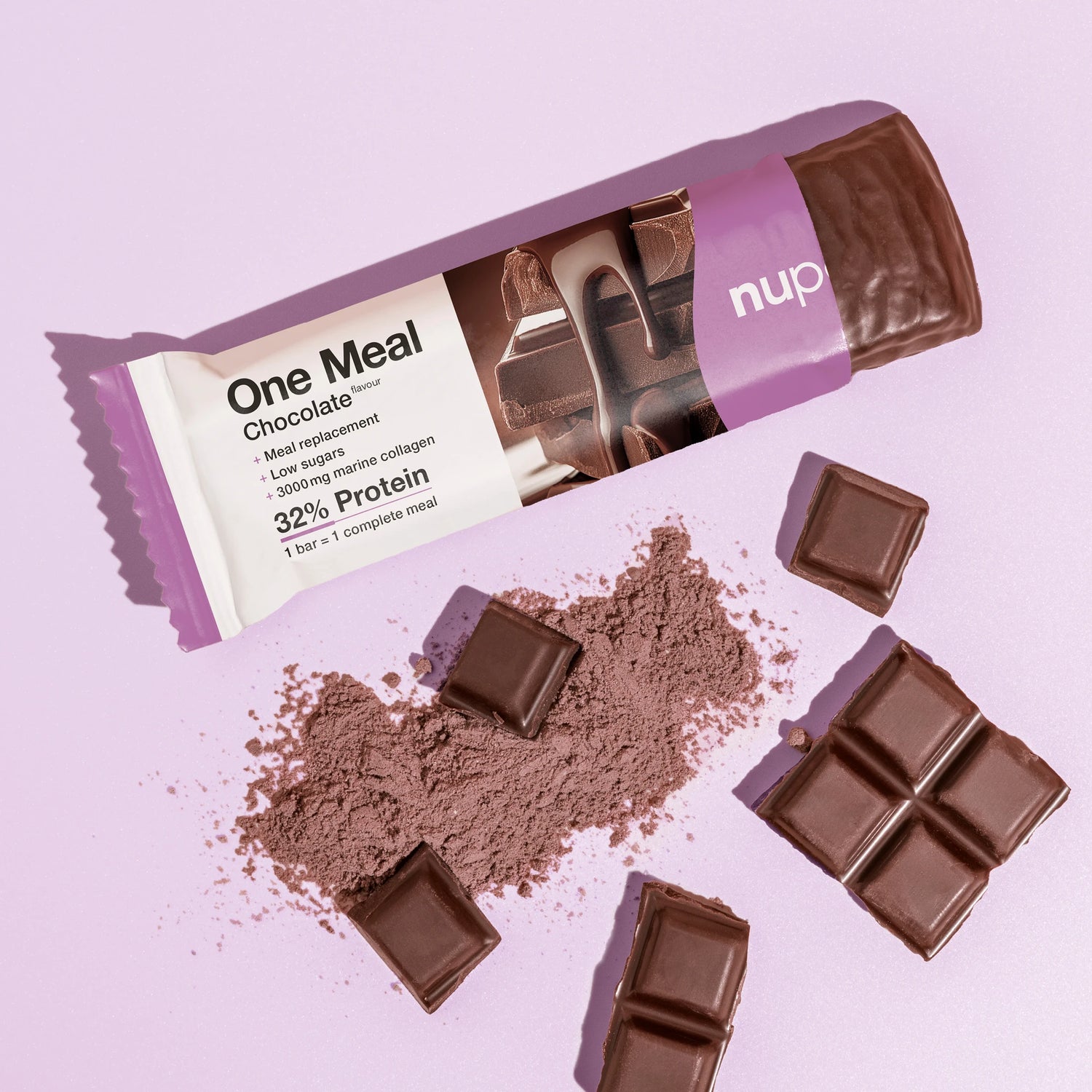 Nupo One Meal Bar Chocolate broken bar close-up