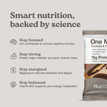 Nupo One Meal Bar Cookies & Cream bar with cookie and cream