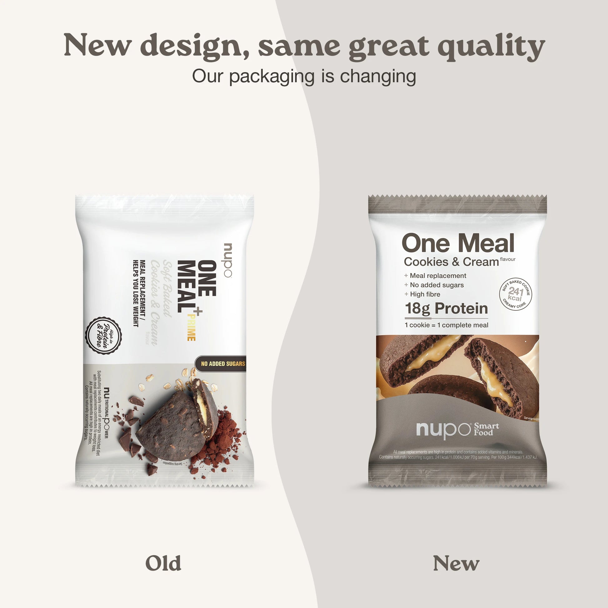 Nupo One Meal Bar Cookies & Cream infographic with new & old design